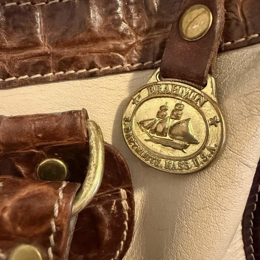 vintage‎ Brahmin Ivory satchel  With brown crocodile-embossed leather trim.